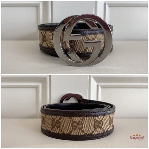 Authentic GUCCI Brown Monogram Canvas Leather Silver Interlocking G Buckle Belt main image 9